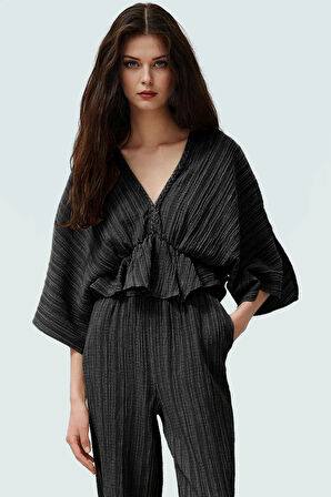 Dokuma Crinkle Bluz V Yaka Keten Karışımlı Yazlık Şıklık Rahat Kullanım Profesyonel Görünüm