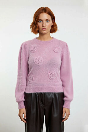 Kadın Pembe Bisiklet Yaka İşlemeli Desenli Triko Kazak Günlük Kullanım İçin İdeal Uzun Kollu Model