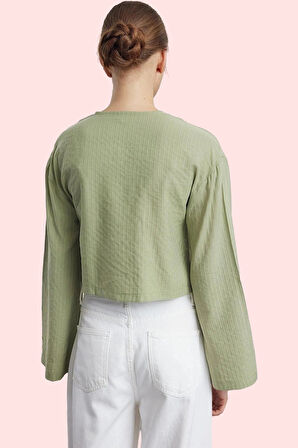 Kadın Bağcıklı Detaylı Gömlek Keten Görünümlü Rahat ve Şık Günlük Kombin Dayanıklı Malzeme