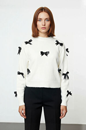 Kadınlar İçin Şık Basic Siluet Bisiklet Yaka Orta Kalın Triko Kurdeleli Uzun Kol Kazak Kaliteli