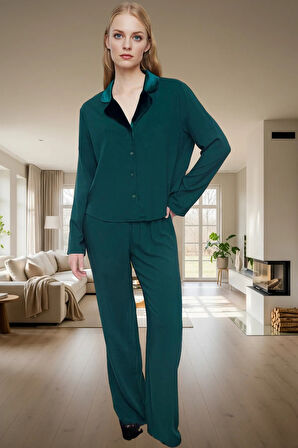 Zümrüt Kadife Detaylı Viskoz Pijama Takımı Kışlık Rahat Homewear Premium Kalite