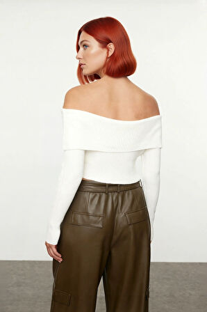 Kadınlara Özel Basic Siluet Fitted Triko Kazak Crop Boy Carmen Yaka Şık Seçim Kaliteli