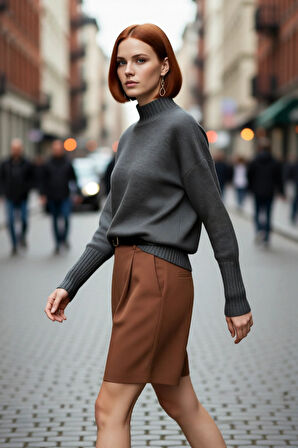 Kadın Basic Düz Desen Oversize Kesim Dik Yaka Triko Kazak Reglan Kol Kış Aylarının Konforlu Şıklığı