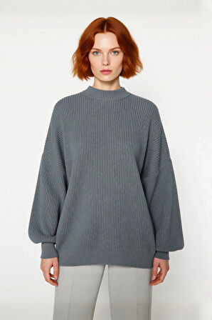 Kadın Salaş Oversize Balon Kol Bisiklet Yaka Selanik Dokuma Uzun Kollu Triko Kazak 100% Akrilik