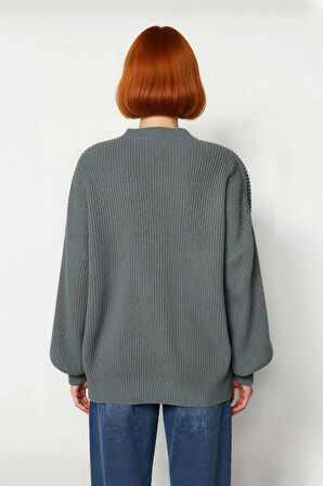 Kadın Salaş Oversize Balon Kol Bisiklet Yaka Selanik Dokuma Uzun Kollu Triko Kazak 100% Akrilik