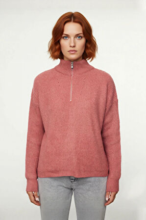 Kadın Oversize Rahat Kesim Düşük Kol Fermuarlı Dik Yaka Triko Selanik Örgü Uzun Kollu Kazak