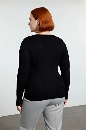 Kadın Şık ve Rahat Fitted Kalıp V Yaka Triko Kazak Düğüm Detaylı Fitilli Akrilik Örgü Kaliteli