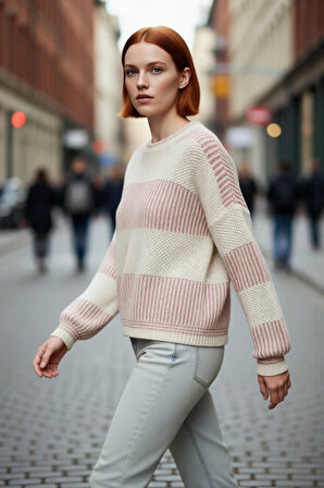 Kadın Basic Siluet Uzun Kollu Oversize Kesim Renk Bloklu Pike Dokuma Triko Kazak Kış Kombinlerinin