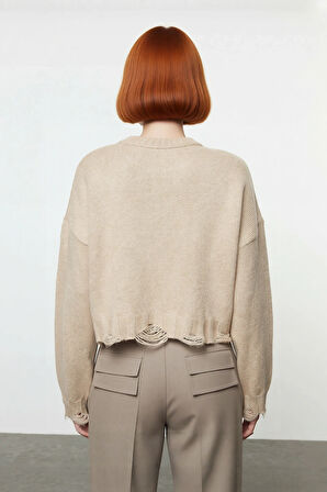 Kadın Basic Siluet Oversize Triko Kazak Crop Düşük Kol Akıtma Detaylı Soğuk Havalar İçin İdeal