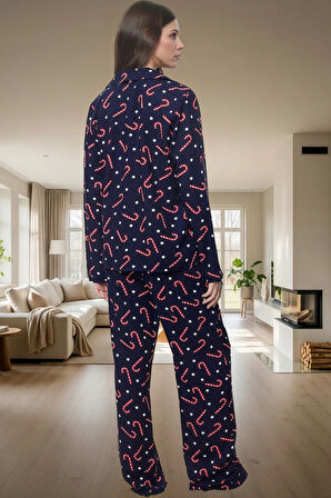100 Viskoz Shally Dokuma Pijama Takımı; Yılbaşı Desenli Düğmeli Rahat Ve Şık