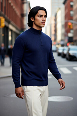 Erkek Gri Regular Kalıp Pamuklu Triko Baklava Desenli Yarım Fermuarlı Dik Yaka Kış Kazak Kaliteli