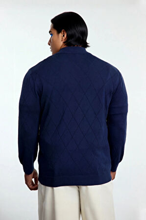 Erkek Gri Regular Kalıp Pamuklu Triko Baklava Desenli Yarım Fermuarlı Dik Yaka Kış Kazak Kaliteli