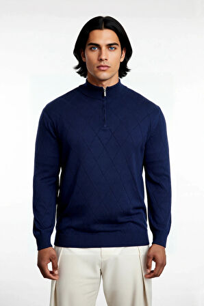 Erkek Gri Regular Kalıp Pamuklu Triko Baklava Desenli Yarım Fermuarlı Dik Yaka Kış Kazak Kaliteli