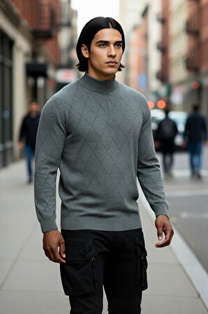 Erkek Gri Regular Kalıp Pamuklu Triko Baklava Desenli Yarım Fermuarlı Dik Yaka Kış Kazak Kaliteli