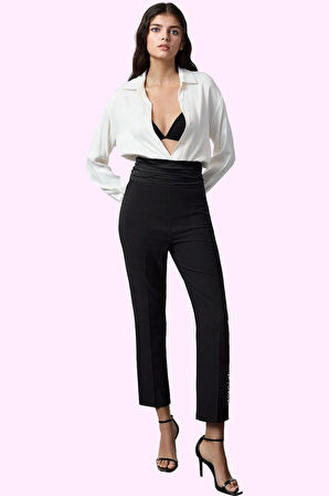 Kadın Şık Gece Pantolonu Yüksek Bel Boru Paça Polyester Karışımlı Dokuma Dayanıklı Malzeme