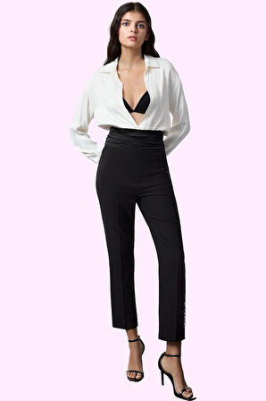 Kadın Şık Gece Pantolonu Yüksek Bel Boru Paça Polyester Karışımlı Dokuma Dayanıklı Malzeme