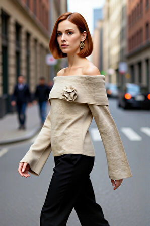 Kadın Rahat Kesim Carmen Yaka Gül Detaylı Triko Kazak Şık Basic Çan Kol Tasarımı İle Konfor