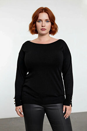 Kadın Büyük Beden Kayık Yaka İnce Triko Kazak Standart Kollu Düğmeli Tasarım Kışlık Şıklık