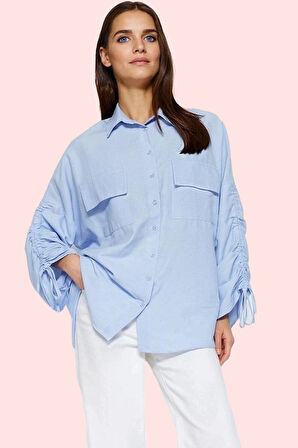 Kadın Günlük Gömlek Büzgülü Kollar Dokuma Kumaş Rahat Kalıp Tüm Sezonlar Dayanıklı Malzeme