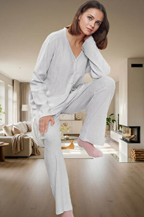 Kışlık 2'li Pijama Takımı Pamuk Karışımlı Hırka ve Pantolon Uzun Ömürlü Dayanıklı Malzeme