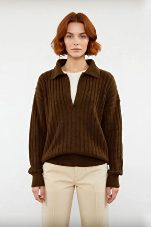 Modern Kadın Oversize Polo Yaka Triko Kazak Rahat Düşük Kol Fitilli Dokusuyla Kış Gardırobunuzun