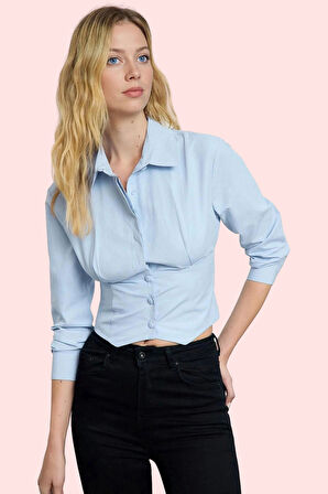 Kadın Crop Gömlek Pamuk Polyester Dokuma Kumaş Şık Tasarım Günlük Kullanım Kaliteli Malzeme