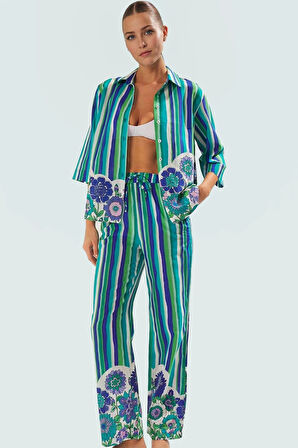 Rahat ve Şık Plaj Takımı Nefes Alan Pamuklu Viskoz Kumaş Çizgili Desen Günlük Kullanım İçin