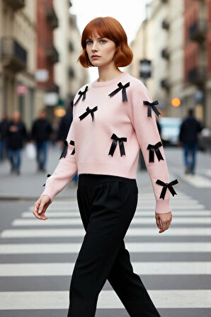 Kadınlar İçin Şık Basic Siluet Bisiklet Yaka Orta Kalın Triko Kurdeleli Uzun Kol Kazak Kaliteli