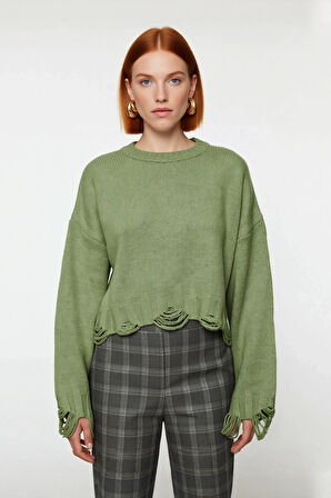 Kadın Basic Siluet Oversize Triko Kazak Crop Düşük Kol Akıtma Detaylı Soğuk Havalar İçin İdeal