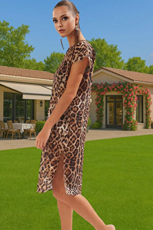 Yazlık Leopar Desenli Pamuk Vual Maxi Elbise Rahat Kalıp Plaj Şıklığı Zarifane Tasarım Mükemmel Uyum