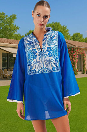 Mini Etnik Desenli Plaj Elbisesi Vual Kumaş Rahat Kesim Zarifane Tasarım Modern Stil Rahat Kullanım