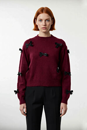 Kadınlar İçin Şık Basic Siluet Bisiklet Yaka Orta Kalın Triko Kurdeleli Uzun Kol Kazak Kaliteli