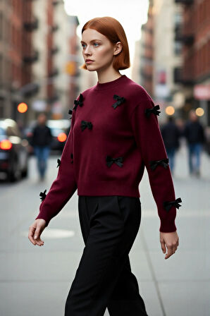 Kadınlar İçin Şık Basic Siluet Bisiklet Yaka Orta Kalın Triko Kurdeleli Uzun Kol Kazak Kaliteli