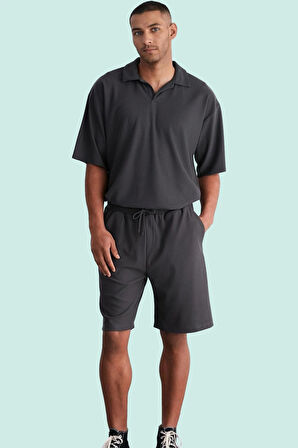Erkek Kısa Boy Normal Bel Geniş Paça Şort Ottoman Dokuma Polyester Elastan Günlük Hafta Sonu