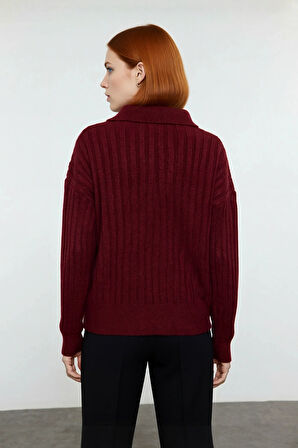 Modern Kadın Oversize Polo Yaka Triko Kazak Rahat Düşük Kol Fitilli Dokusuyla Kış Gardırobunuzun