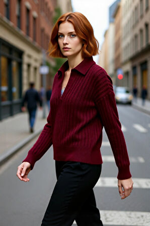 Modern Kadın Oversize Polo Yaka Triko Kazak Rahat Düşük Kol Fitilli Dokusuyla Kış Gardırobunuzun