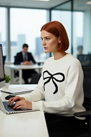 Kadın Regular Kalıp Selanik Dokuma Kurdele Desenli Basic Siluet Triko Kazak Günlük Giyim Kaliteli