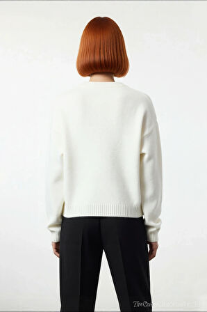 Kadın Regular Kalıp Selanik Dokuma Kurdele Desenli Basic Siluet Triko Kazak Günlük Giyim Kaliteli