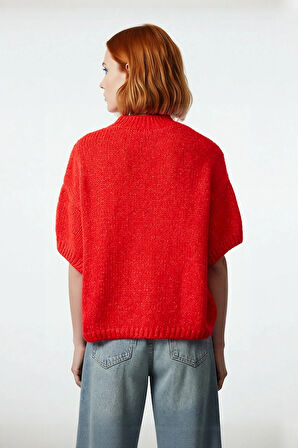 Kadın Oversize Kesim Dik Yaka Kalın Dokulu Triko Kazak Kısa Kollu Rahat İlkbahar Sonbahar Giysisi