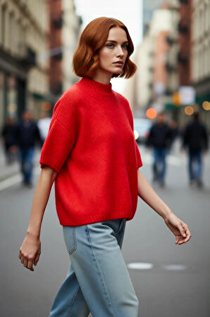 Kadın Oversize Kesim Dik Yaka Kalın Dokulu Triko Kazak Kısa Kollu Rahat İlkbahar Sonbahar Giysisi