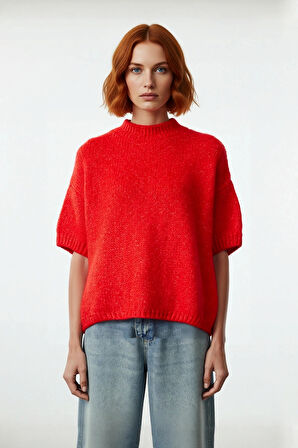 Kadın Oversize Kesim Dik Yaka Kalın Dokulu Triko Kazak Kısa Kollu Rahat İlkbahar Sonbahar Giysisi