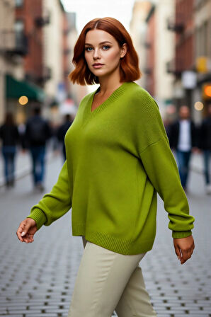 Kadın Casual V Yaka Akrilik Triko Kazak Büzgülü Kol Detaylı Konforlu Basic Rahat Kullanım İçin