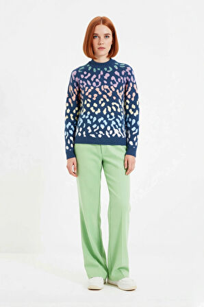 Kadın Basic Oversize Kalıp Bisiklet Yaka Triko Kazak Animal Desenli Uzun Kollu Kış Günleri İçin