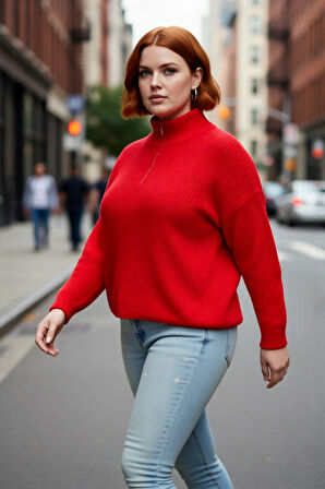 Kadın Casual Ortam Uzun Kollu Selanik Dokuma Regular Kalıp Fermuarlı Dik Yaka Triko Kazak Kaliteli