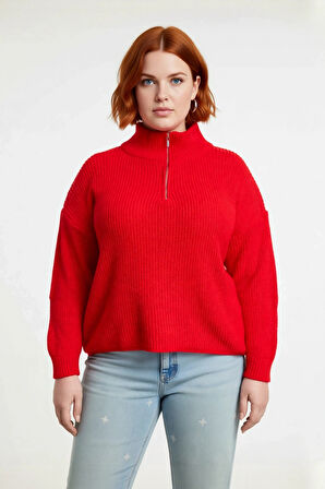 Kadın Casual Ortam Uzun Kollu Selanik Dokuma Regular Kalıp Fermuarlı Dik Yaka Triko Kazak Kaliteli