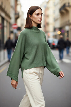 Kadın Basic Siluet Oversize Dik Yaka İspanyol Kol Akrilik Triko Kazak Konforlu Ve Modern Kaliteli