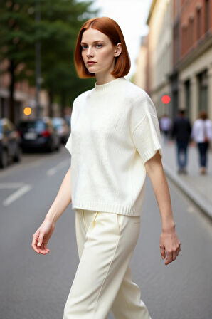 Kadın Oversize Kesim Dik Yaka Kalın Dokulu Triko Kazak Kısa Kollu Rahat İlkbahar Sonbahar Giysisi