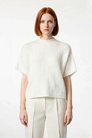 Kadın Oversize Kesim Dik Yaka Kalın Dokulu Triko Kazak Kısa Kollu Rahat İlkbahar Sonbahar Giysisi