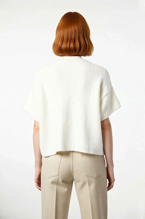 Kadın Oversize Kesim Dik Yaka Kalın Dokulu Triko Kazak Kısa Kollu Rahat İlkbahar Sonbahar Giysisi