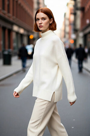 Kadın Günlük Oversize Düşük Kol Dik Yaka Uzun Triko Kazak Kışlık Şık Basic Rahatlık Sunar Kaliteli